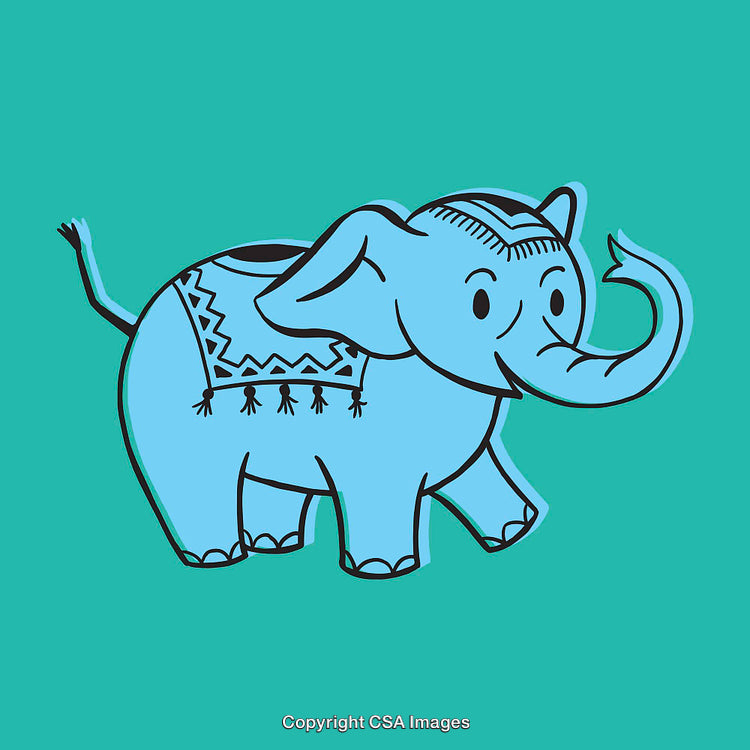 Blue Cartoon Elephant with Ornamental Patterns on a Solid Green Background