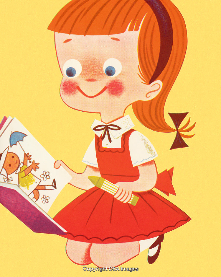 Illustrated Girl Reading a Book with Cheerful Expression and Joyful Colors