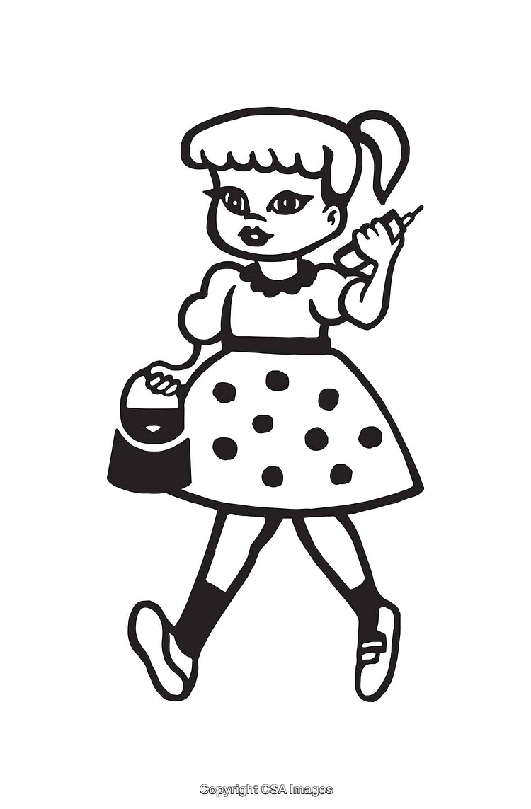 Illustration of a Girl Holding a Bag and a Smartphone in Line Art