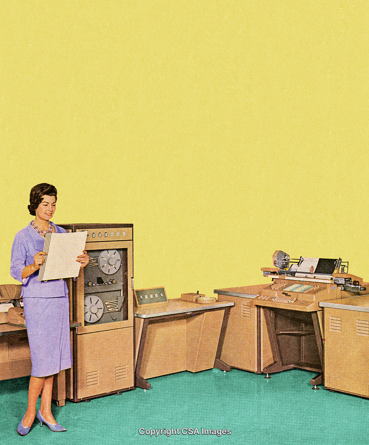 Retro Workspace with Vintage Computer Equipment and Woman in Purple Outfit