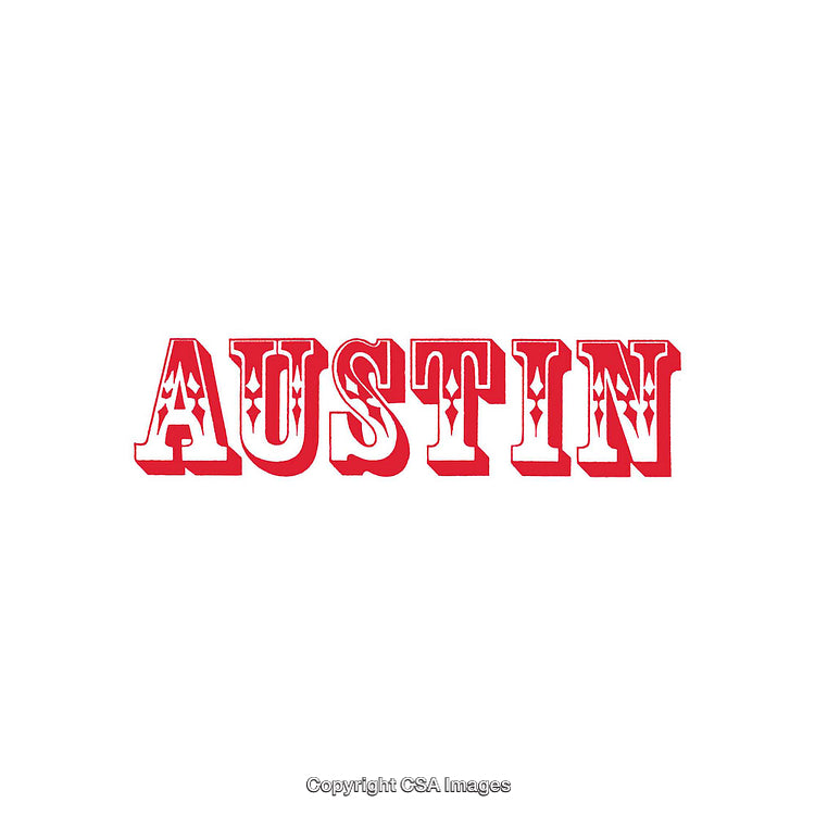 Bold Red Austin Text with Decorative Design on Plain White Background