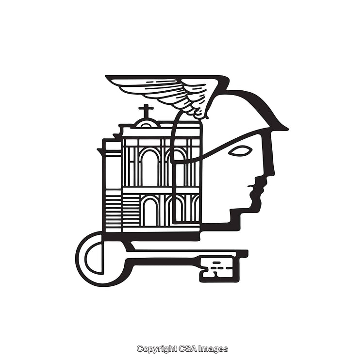 Black and White Icon Featuring Abstract Design Combining Key and Classical Elements