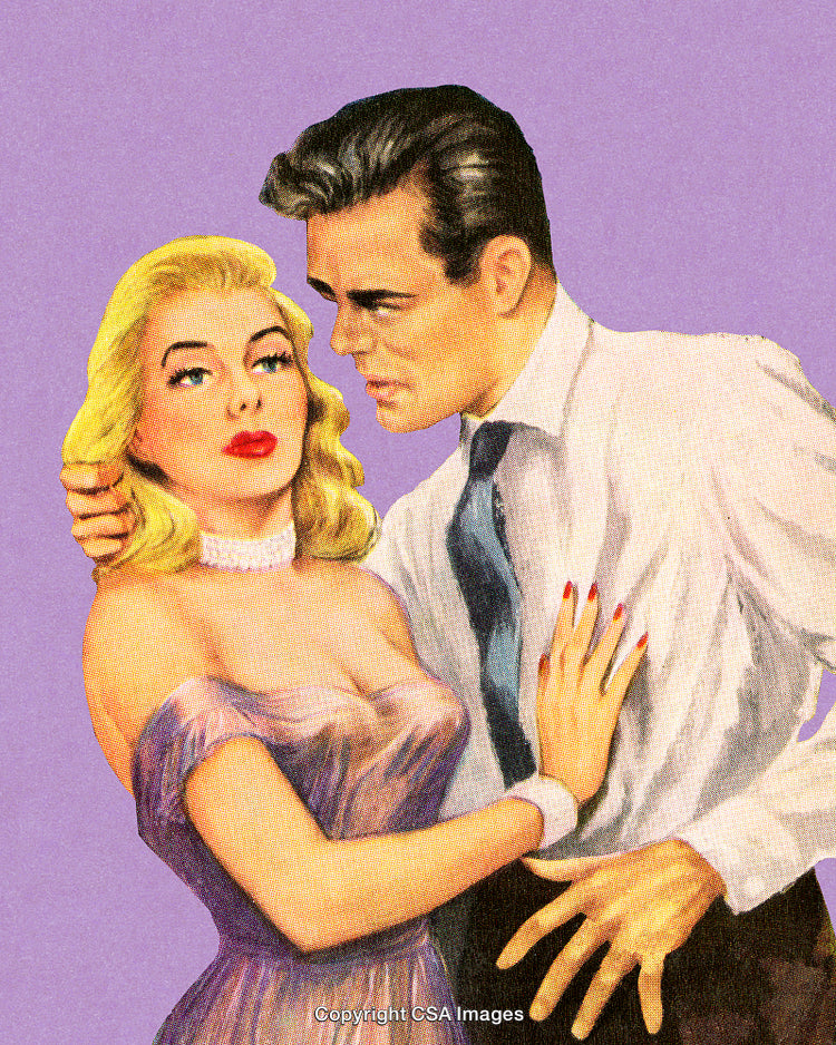 Retro Couple in an Intense Embrace Against a Pastel Background