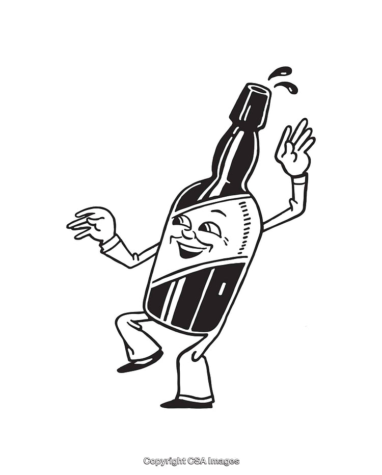 Dancing Cartoon Bottle Character in Black and White Line Art Design