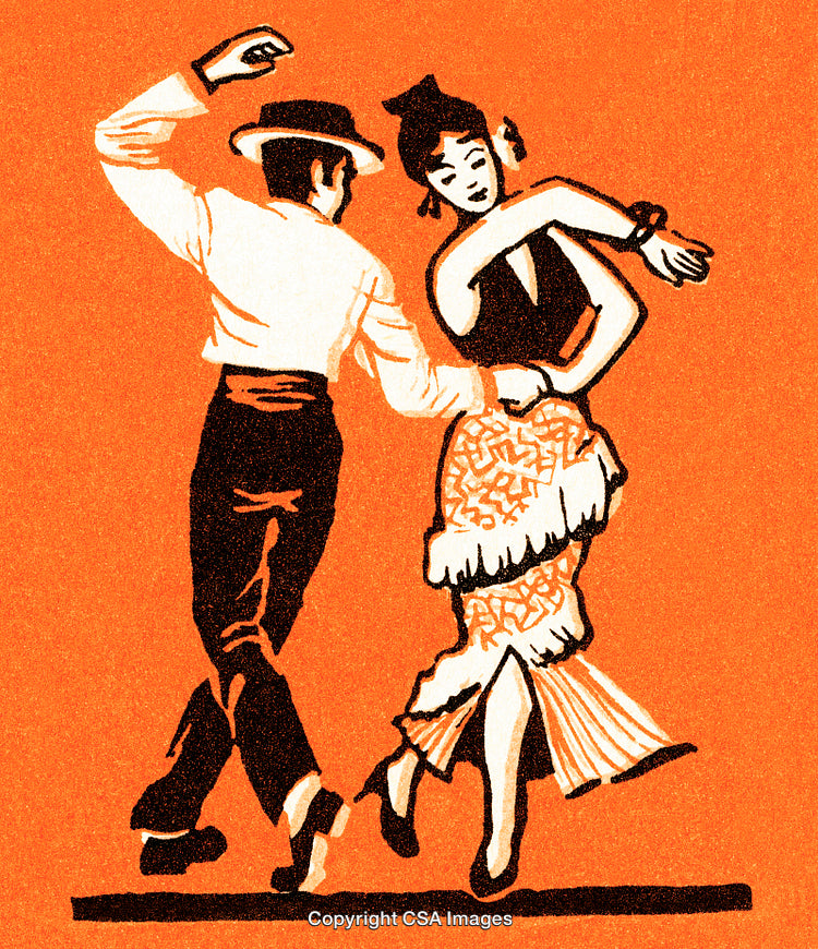 Couple Dancing Flamenco in Traditional Spanish Clothing on Bright Orange Background