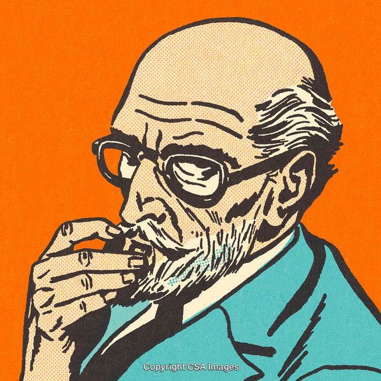 Colorful Comic Illustration of a Thoughtful Bald Man in Vintage Style