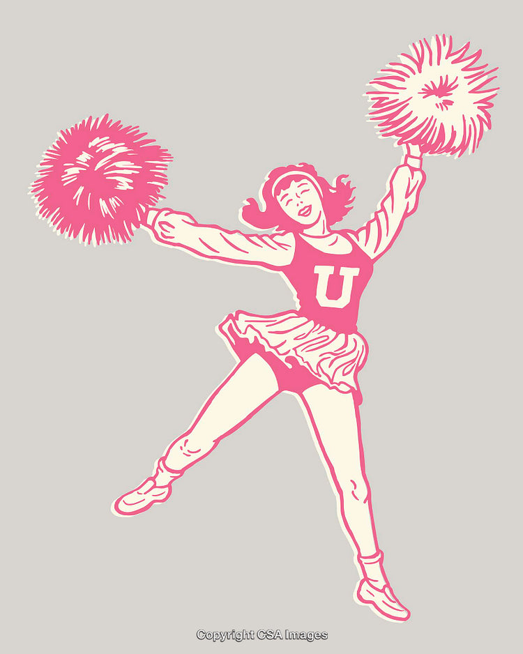 Cheerful Cheerleader Performing With Pom-Poms in Vintage Line Art Style