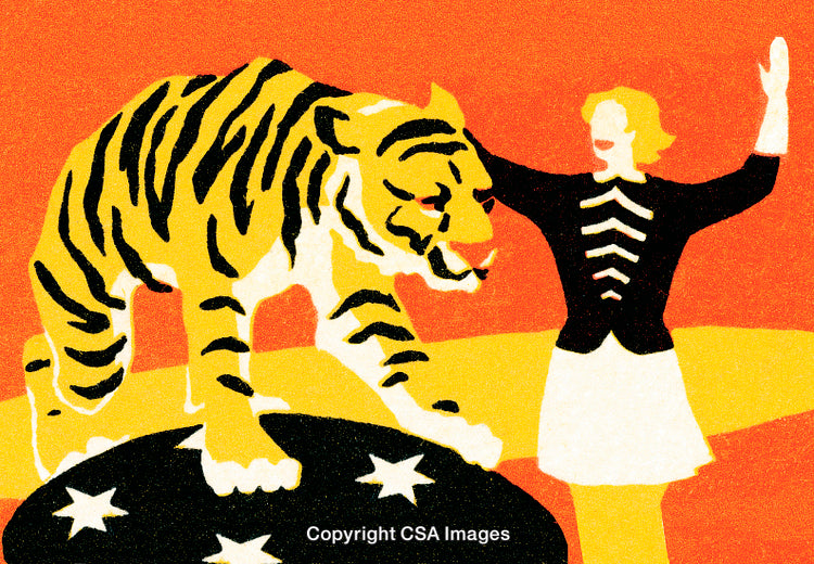 Tiger Performing with Trainer in a Circus Setting, Bold Retro Style