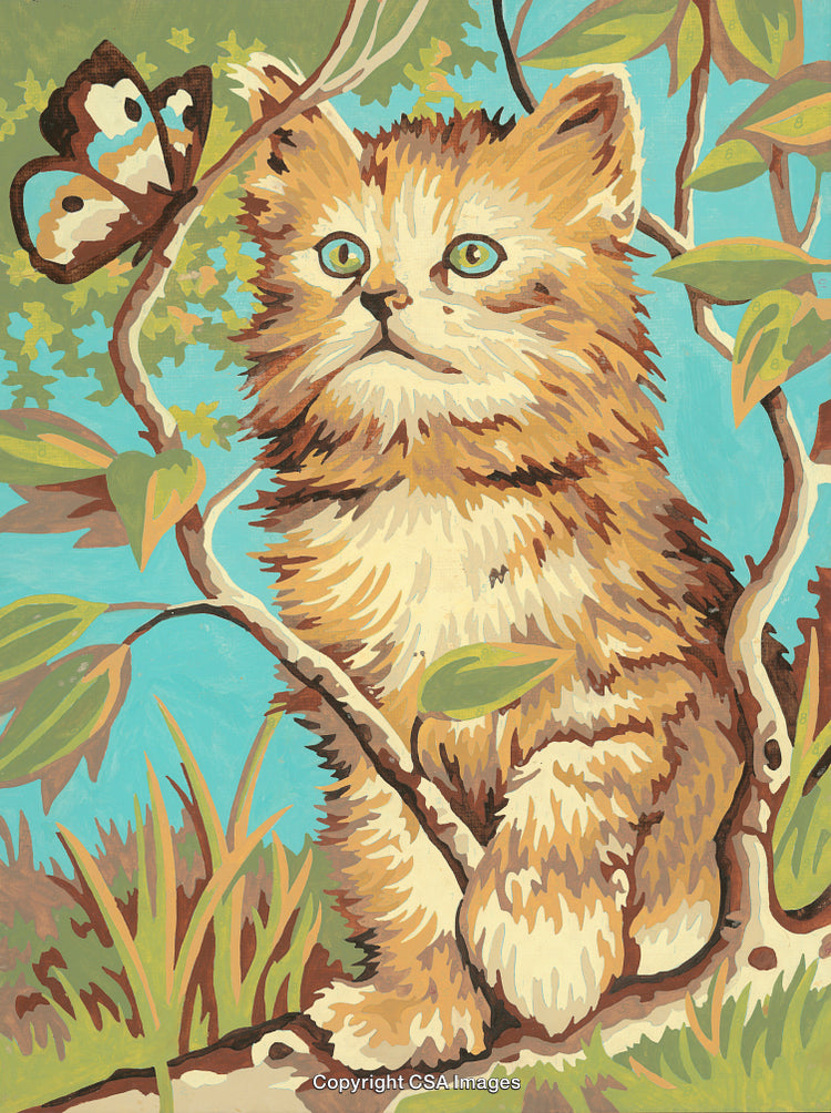 Vintage Paint by Numbers Artwork of a Kitten with a Butterfly