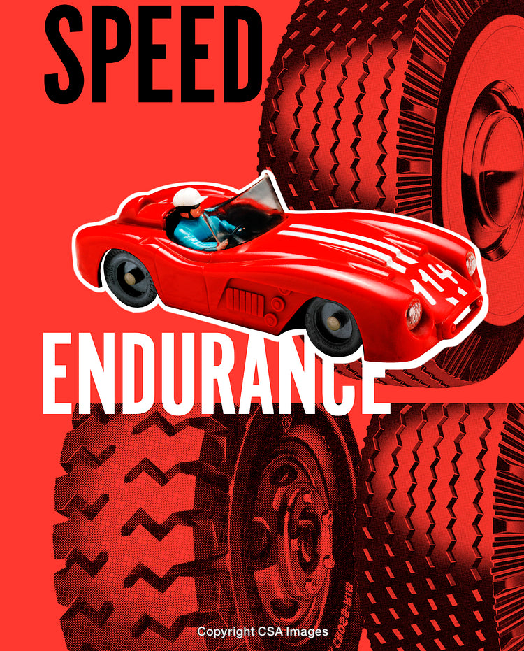 Red Toy Race Car With Text Highlighting Speed and Endurance