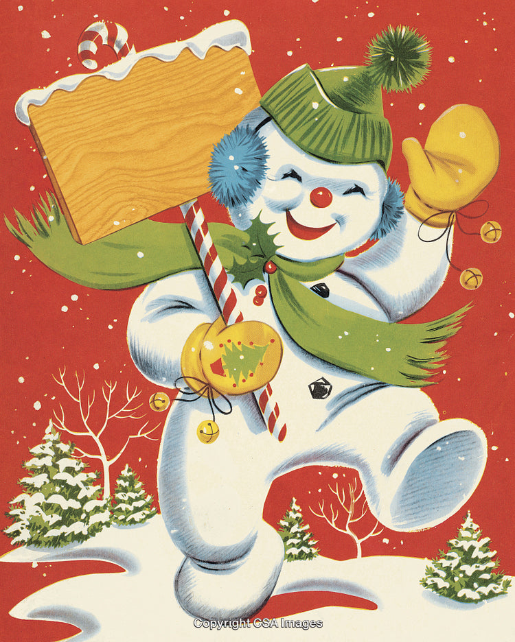 Cheerful Snowman Holding Candy Cane and Blank Wooden Sign in Festive Snowy Scene