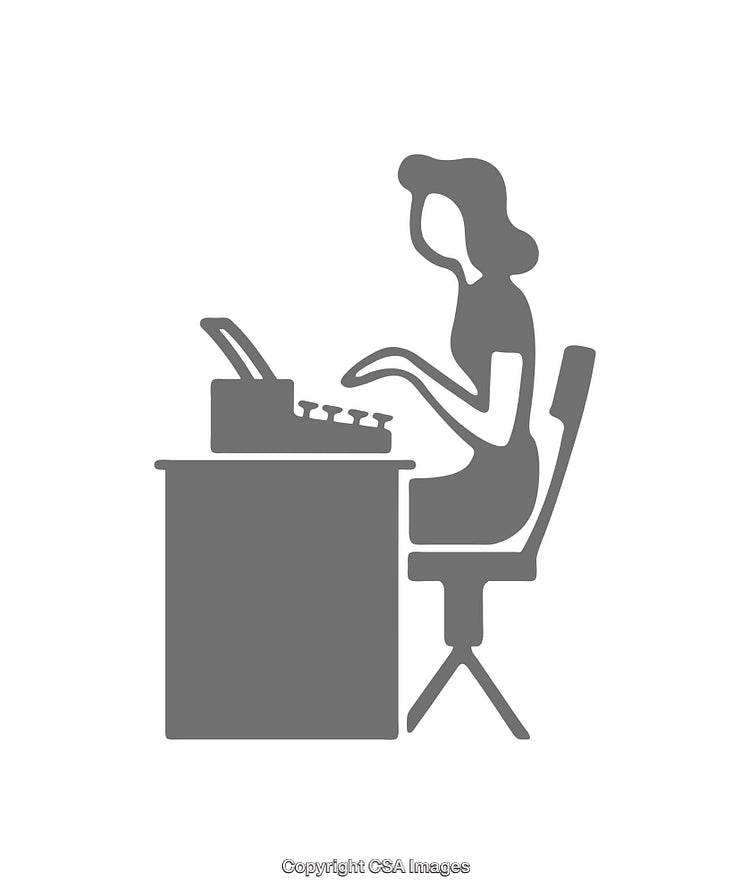 Monochrome Icon of Woman Typing at Desk with Typewriter