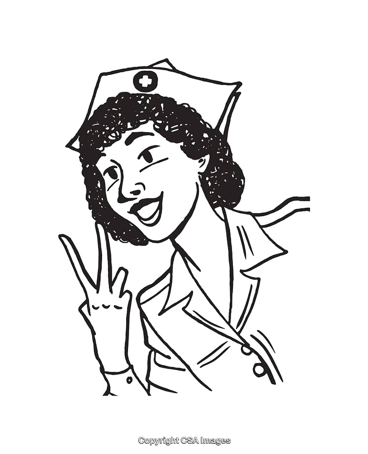 Black and White Line Art of a Cheerful Nurse Making a Peace Sign