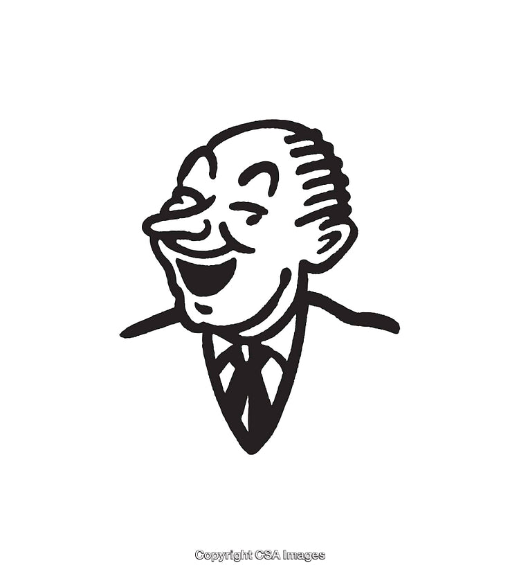 Vintage Black and White Illustration of a Laughing Man in Formal Suit