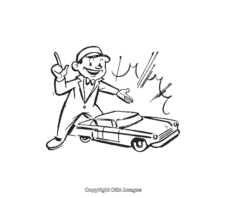 Retro Black and White Illustration of a Cheerful Car Salesman and Vehicle