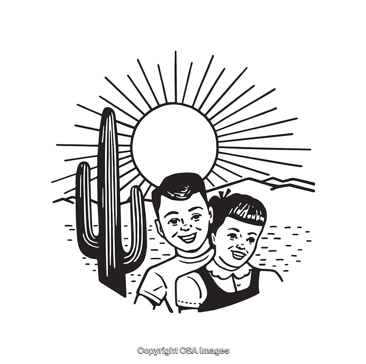 Retro Black and White Illustration of Smiling Children with Cactus and Sun