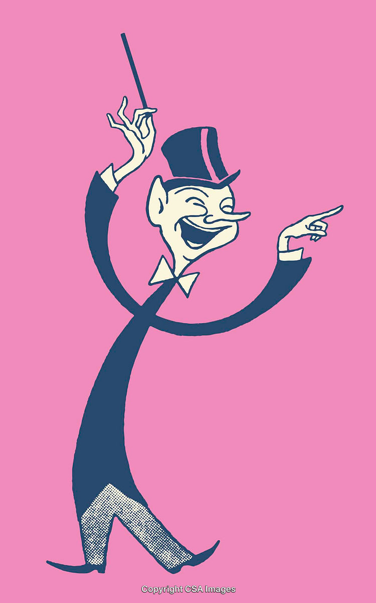 Cartoon Conductor in Top Hat Performing Animated Gesture on Pink Background