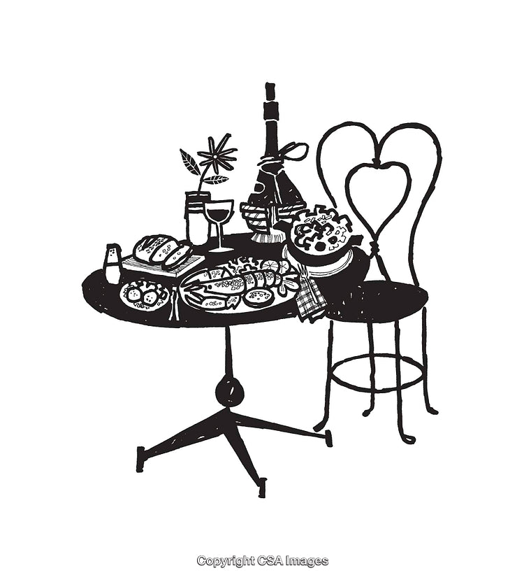 Rustic Dining Table Line Art with Food and Drink Illustrations