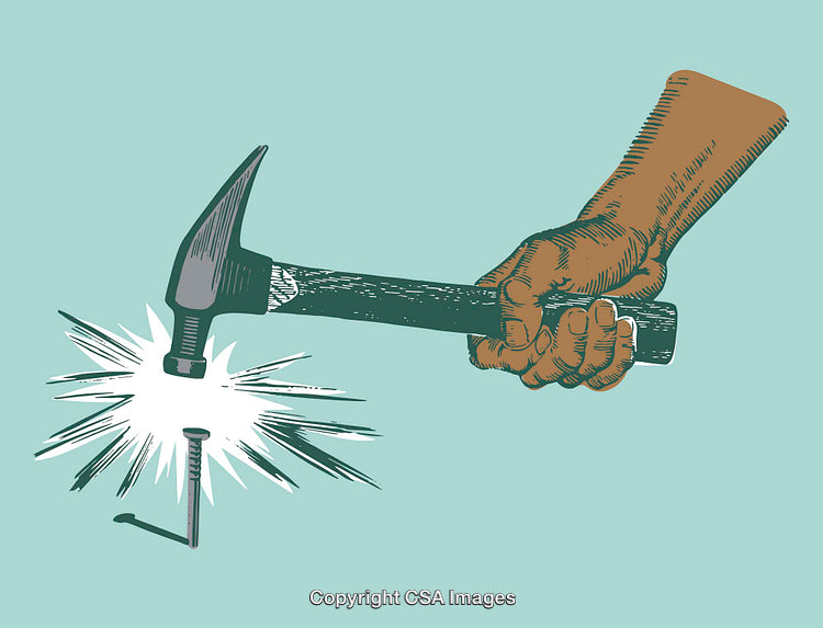 Illustrated Hand Holding Hammer Driving Nail Into Surface