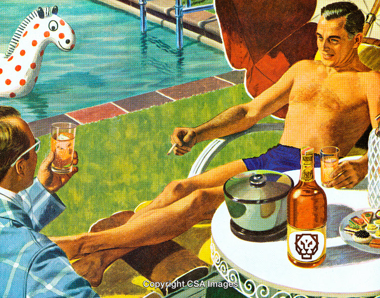 Two Men Relaxing by a Swimming Pool with Drinks and Snacks
