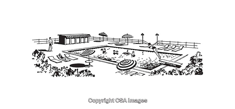 Illustrated Outdoor Pool Area with Lounge Chairs and Diving Board