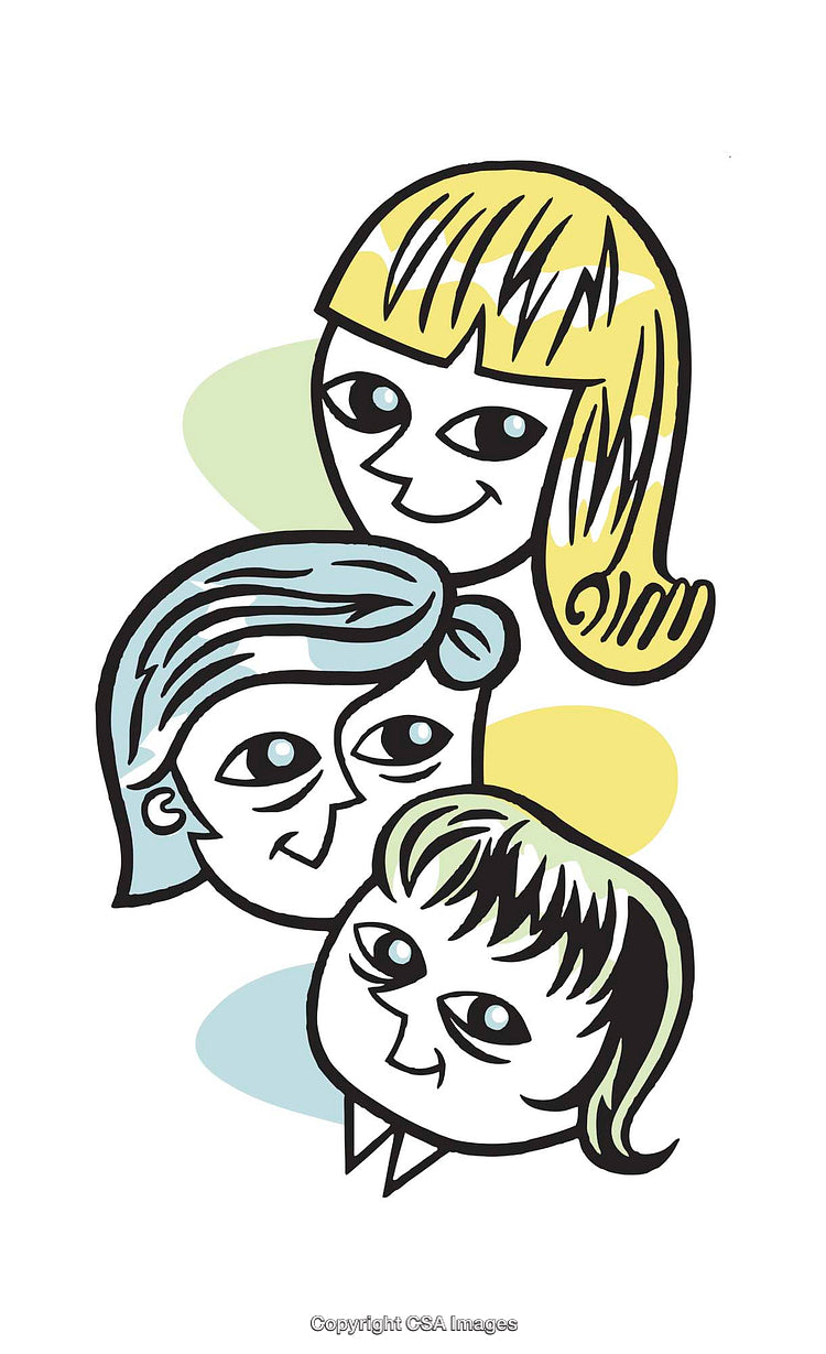 Colorful Cartoon Style Portrait of Three Individuals With Happy Expressions