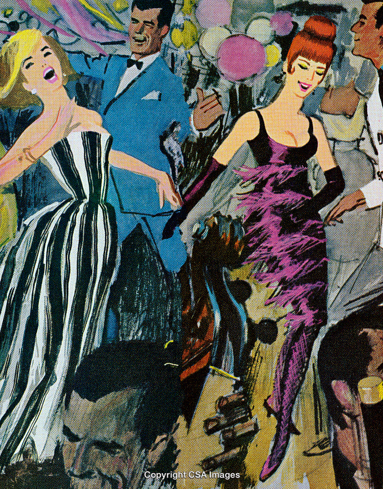 Colorful Vintage Art Depicting a Lively Party Scene with Dancing People