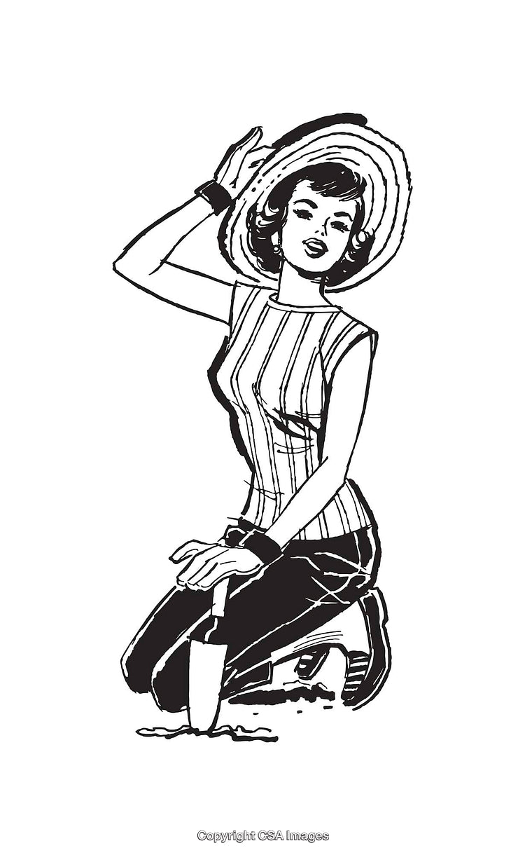 Vintage Line Art Illustration of Woman Gardening While Wearing a Hat
