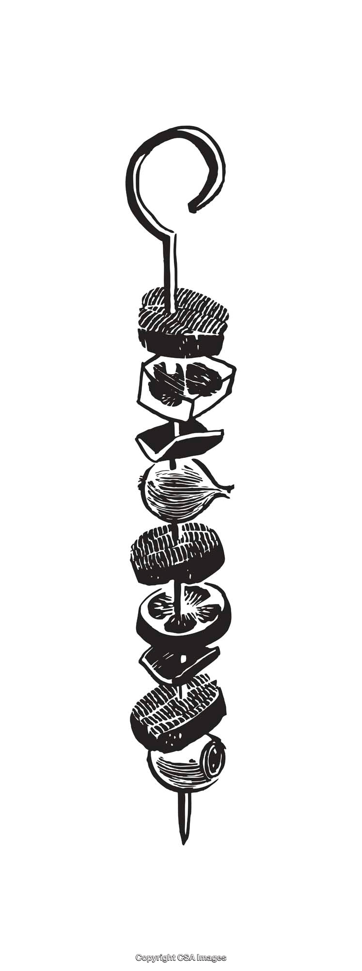 Black and White Line Art Illustration of Food Skewer Elements