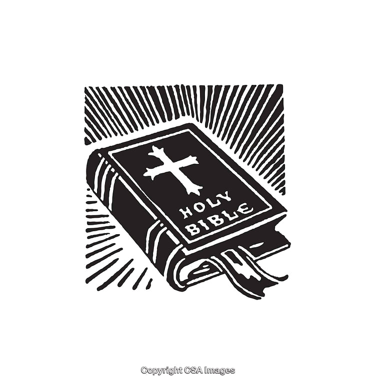 Black and White Line Art Illustration of the Holy Bible with a Cross