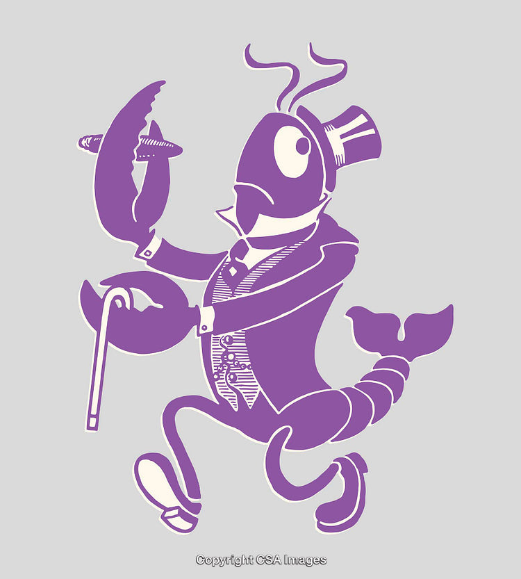 Purple Lobster in Stylish Attire Holding a Cane and Snail