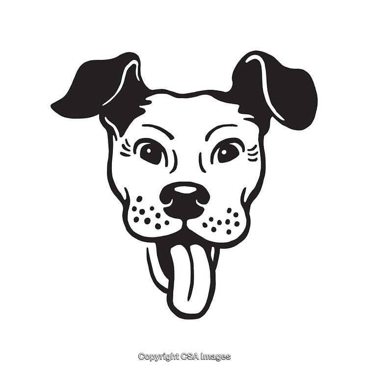Black and White Line Art Dog Illustration with Playful Expression