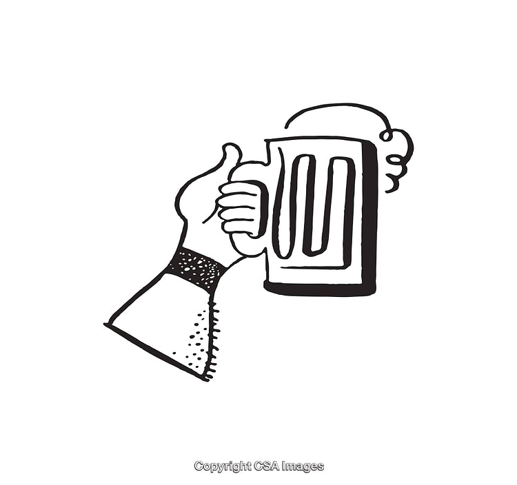 Hand Holding a Beer Mug in Black and White Line Art Illustration