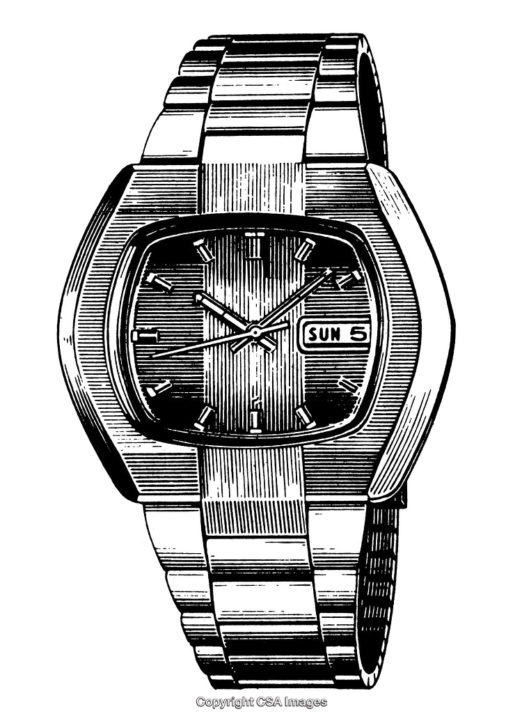 Vintage Engraved Illustration of a Classic Analog Watch with Metal Strap