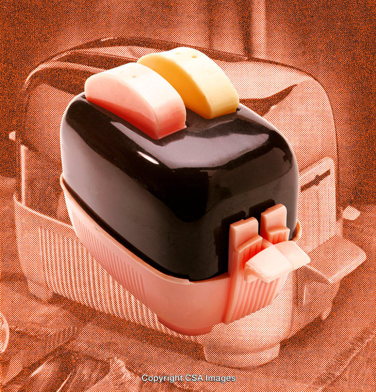 Colorful Toy Styled as Toaster with Retro Elements on Orange Background