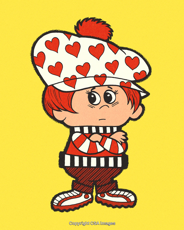 Cute Cartoon Character Wearing Heart Patterned Hat and Striped Outfit on Yellow