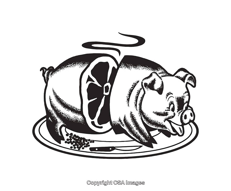 Black and White Illustration of a Pig with Meat Cuts and Plate