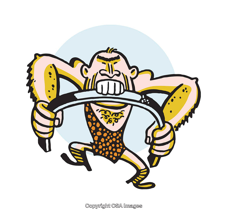 Cartoon Caveman Bending Iron Bar with Strength and Determination