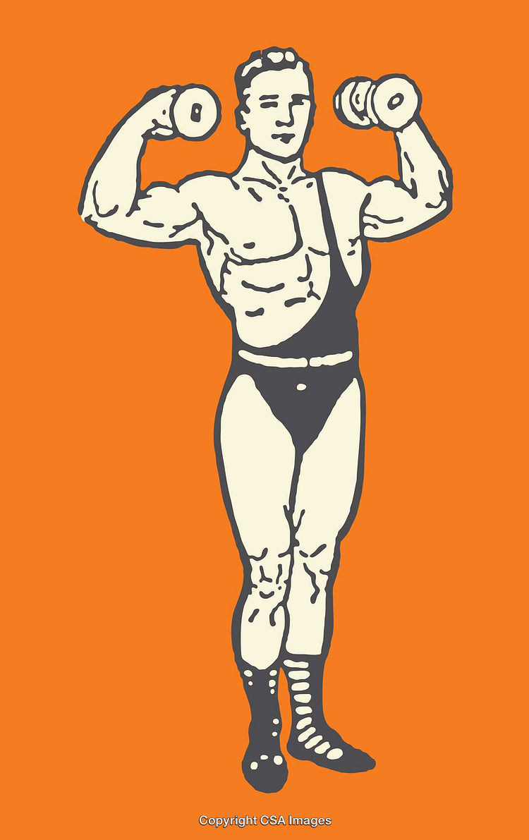 Vintage Line Art of Strongman Lifting Dumbbells on Orange Background