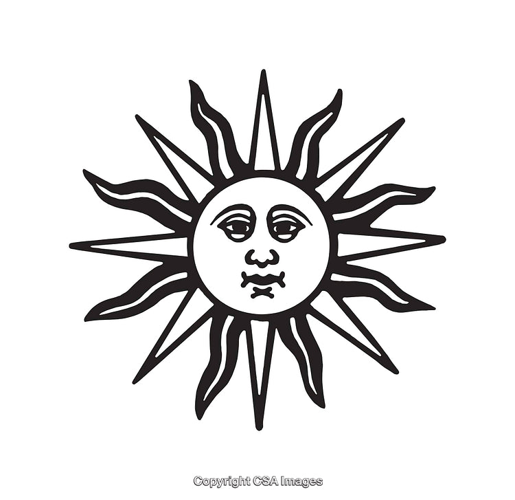 Black And White Sun Illustration with Face in Artistic Line Art Style