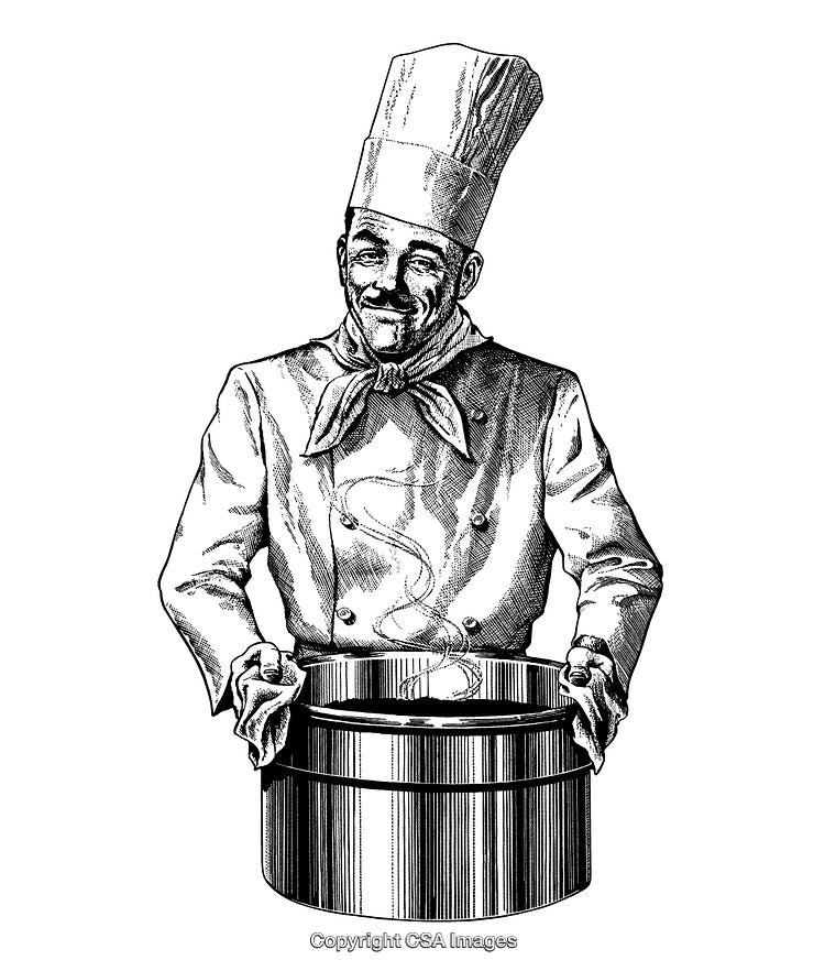 Black and White Engraving of a Smiling Chef Holding a Cooking Pot