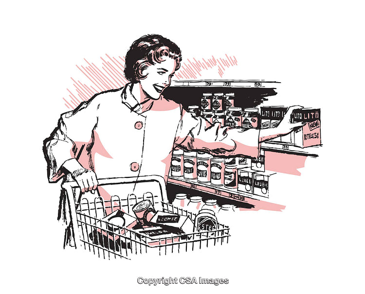 Vintage Illustrated Scene of a Woman Shopping at a Grocery Store