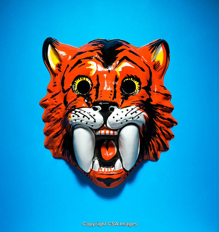 Bright Tiger Mask on Bold Blue Background with Glossy Plastic Texture