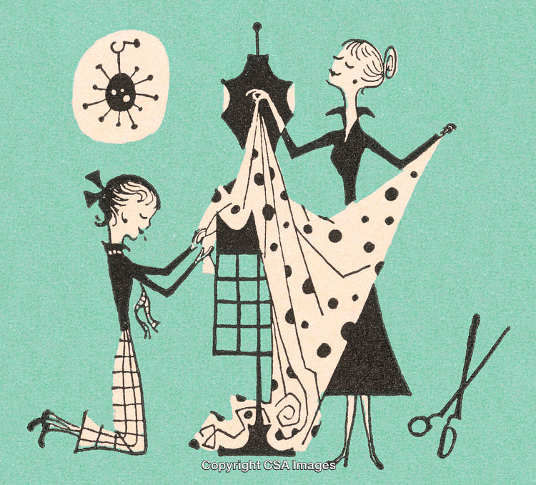 Vintage Illustration of Two Women Designing a Polka Dot Dress on a Mannequin