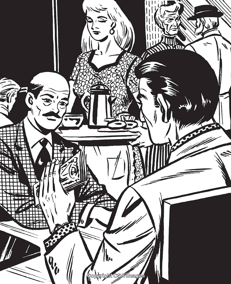 Retro Style Illustration of a Busy Cafe Scene Depicting Social Interaction