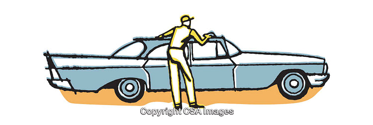 Vintage Illustration of a Man and a Classic Car in Bold Colors