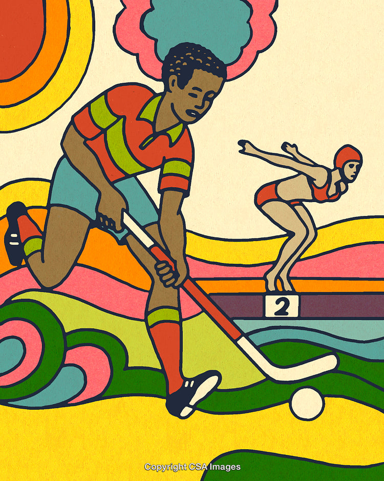 Colorful Illustration with Sports Theme Featuring Hockey and Swimming