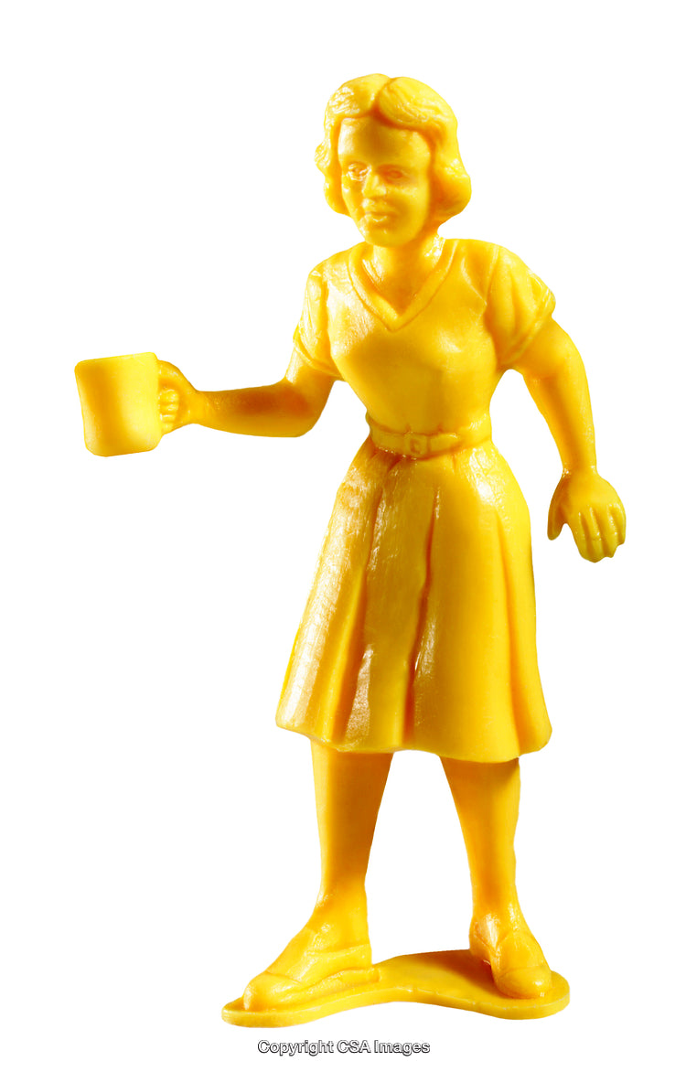 Yellow Plastic Figurine of a Woman Holding a Mug with Vintage Style