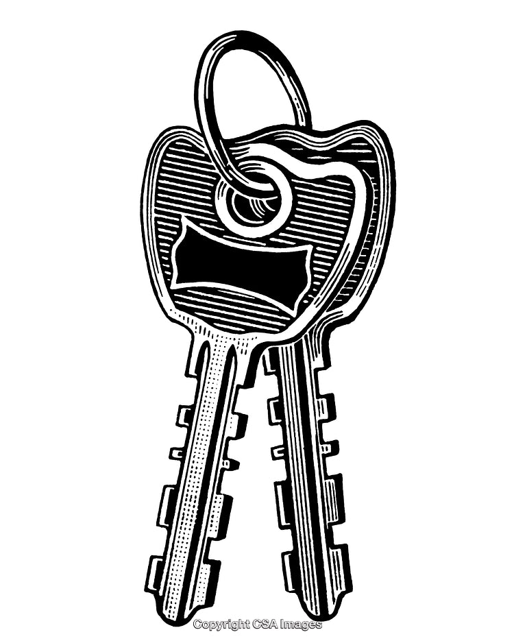 Detailed Black and White Engraving of Two Keys on a Ring