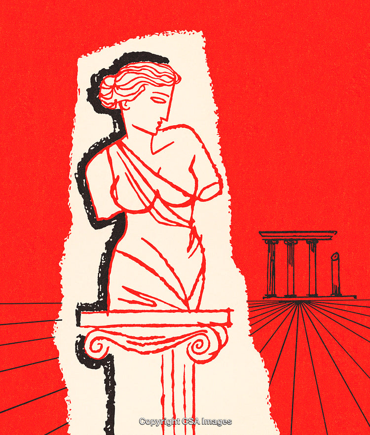 Artistic Illustration of Classical Sculpture with Architectural Elements on Bold Background